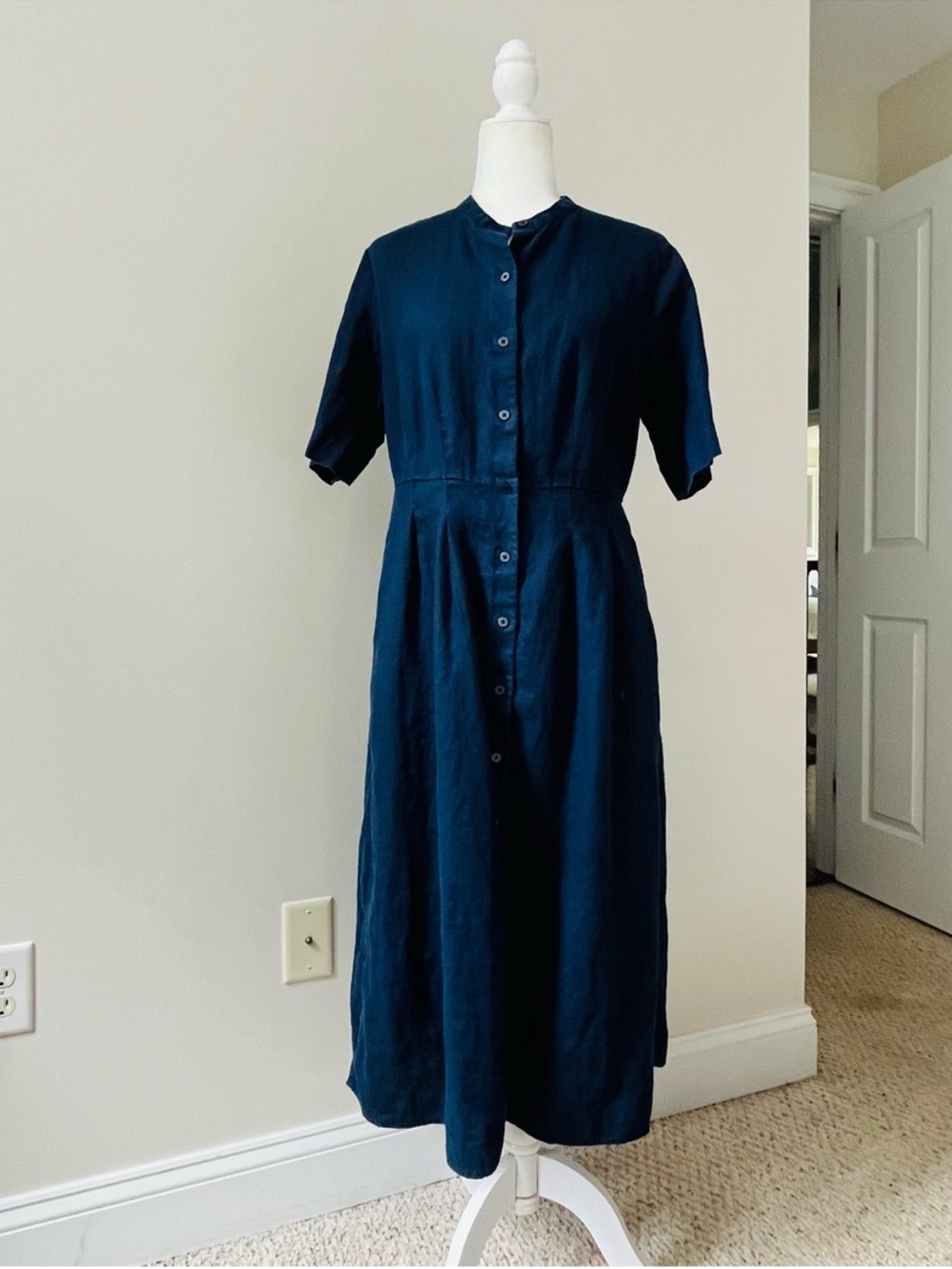 Everlane Navy 100% Flax Linen Button-Front Midi Dress